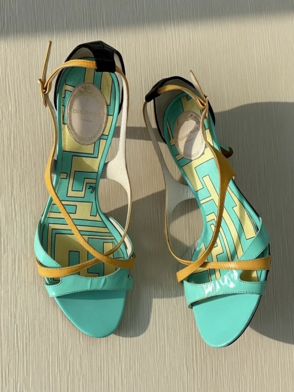 Emilio Pucci Archive Turquoise Gold Leather Sandals EU 36.5 Italy Y2K